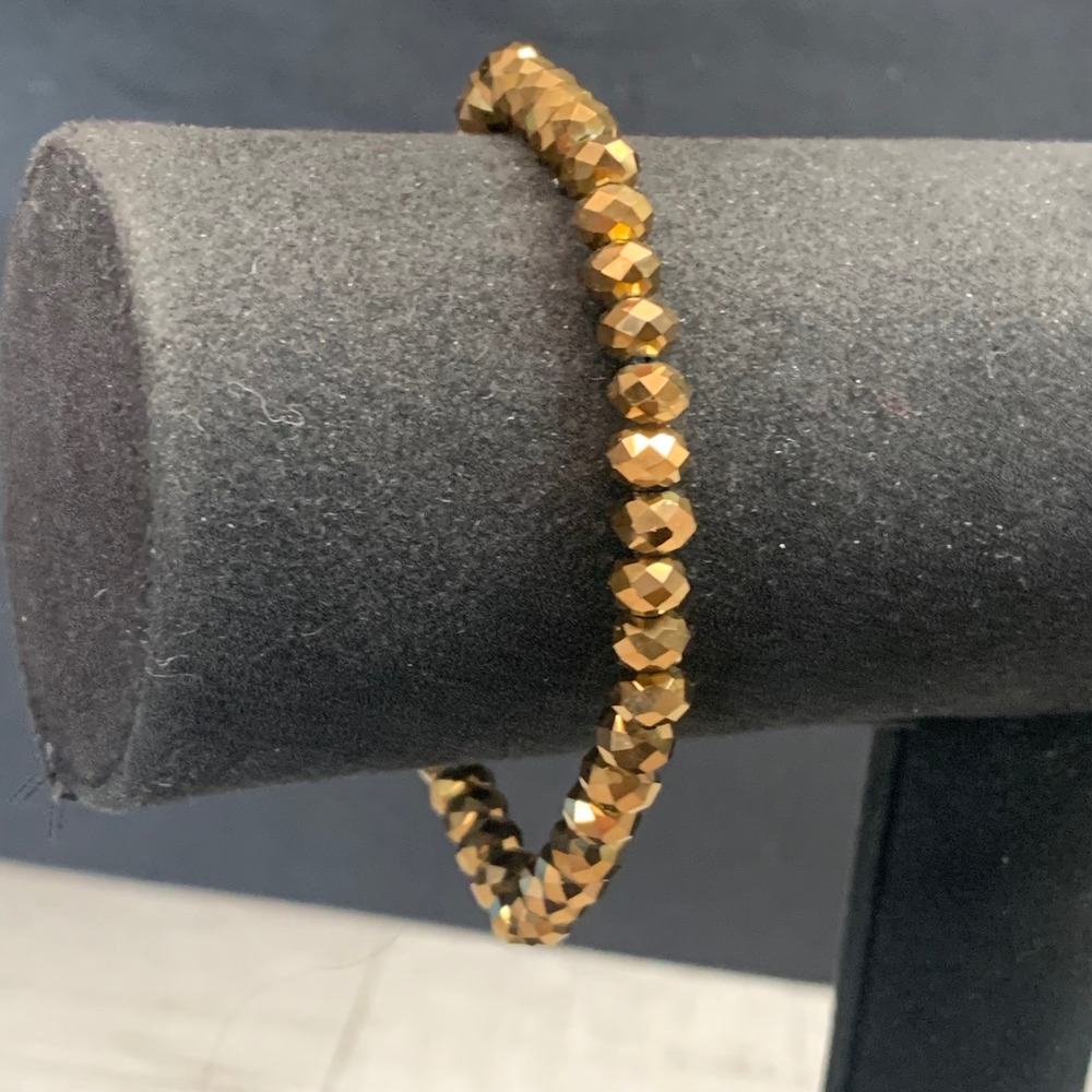 Faceted Metallic Bronze Bead Stretch Bracelet Copper Tone Rondelle 7 Inch